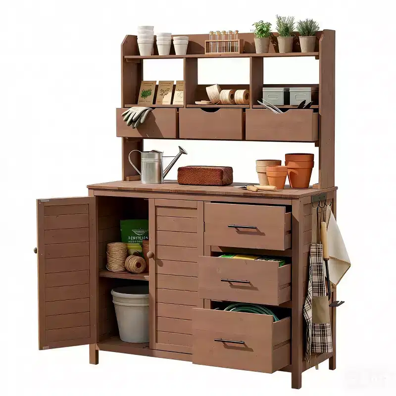 Farmhouse Potting Bench for Gardening, 65 Freestanding Garden Workstation with 6 Drawers, Cabinet, and Side Hook-Panipeachy