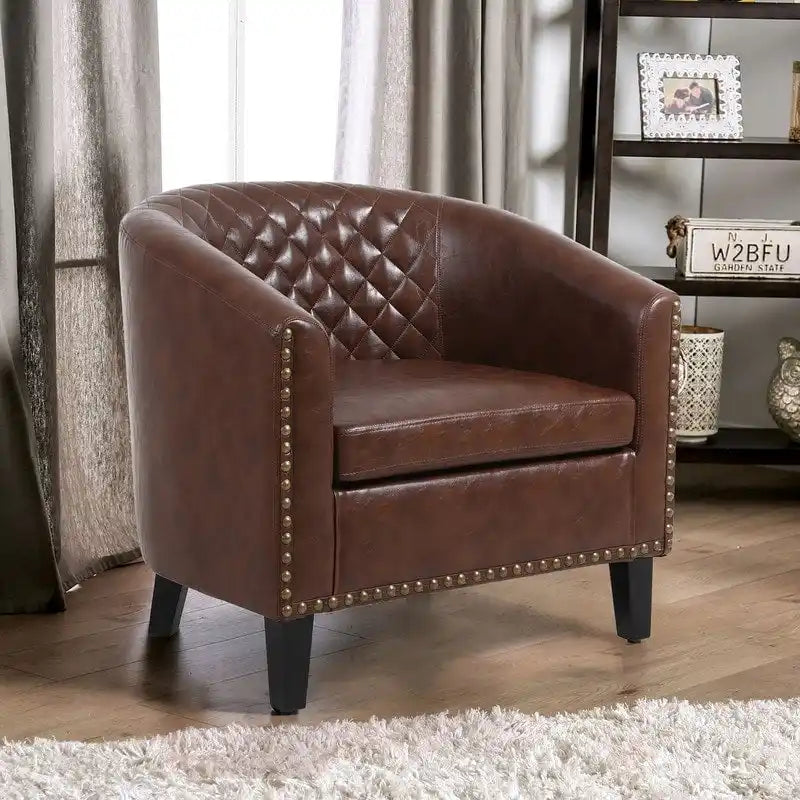 Barrel Accent Chair – Black / Brown / White, PU Leather, Nailhead Trim, Solid Wood Legs, Seats 1