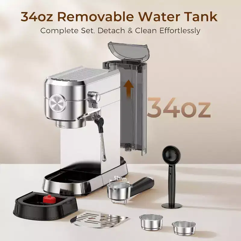 20 Bar Compact Espresso Machine with Milk Frother, Stainless Steel Coffee Maker, 40 oz Removable Water Tank for Cappuccino & Latte