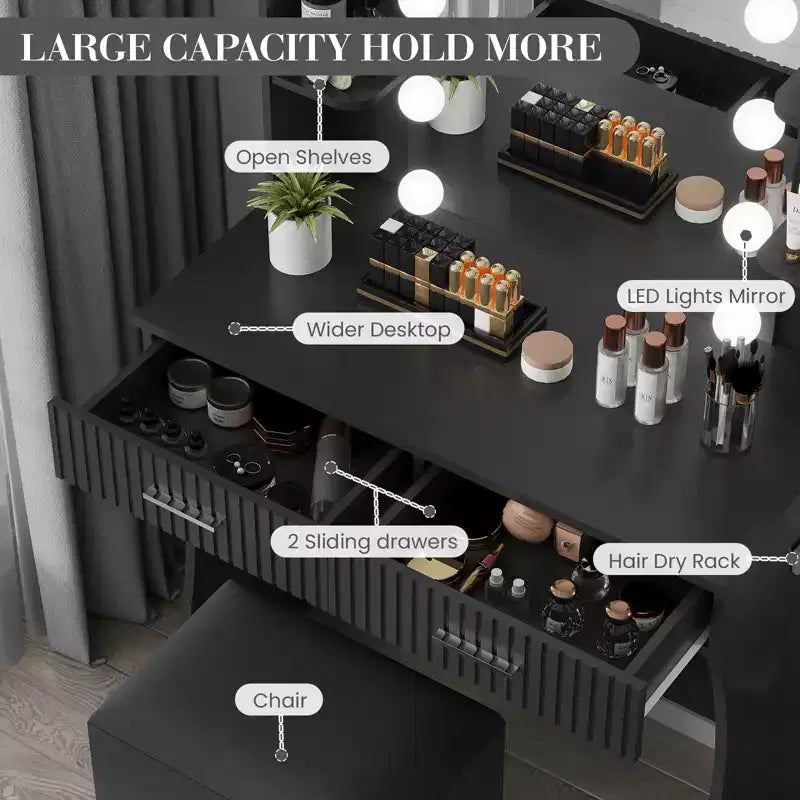 Garvee Makeup Vanity Desk with Mirror and 12 LED Lights, Modern Dressing Table Furniture with Hair Dryer Holder Stool for Bedroom