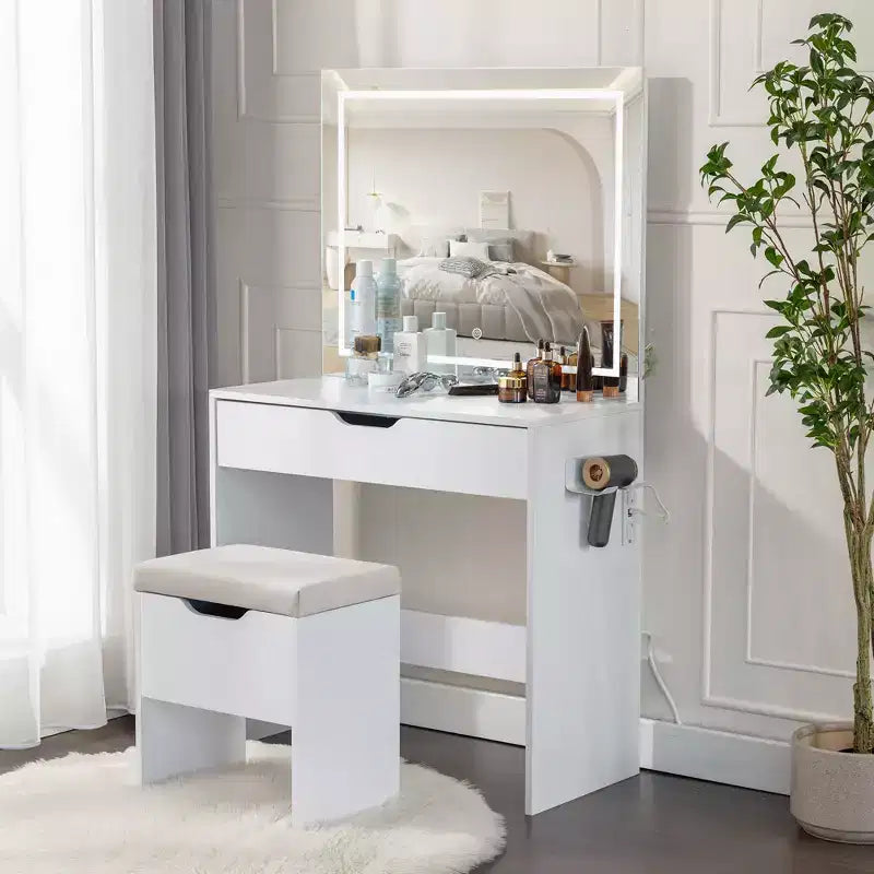 VECELO Vanity Desk Set with LED Lighted Mirror & Power Outlet, Makeup Table with Large Drawer, Storage Stool and Hair Dryer Stand for Bedroom, White