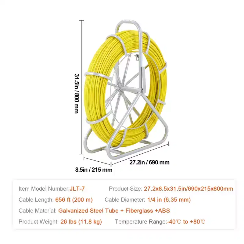VEVOR Fish Tape Fiberglass, 656 ft, 1/4 inch, Duct Rodder Fishtape Wire Puller, Cable Running Rod with Steel Reel Stand, 3 Pulling Heads, Fishing Tool