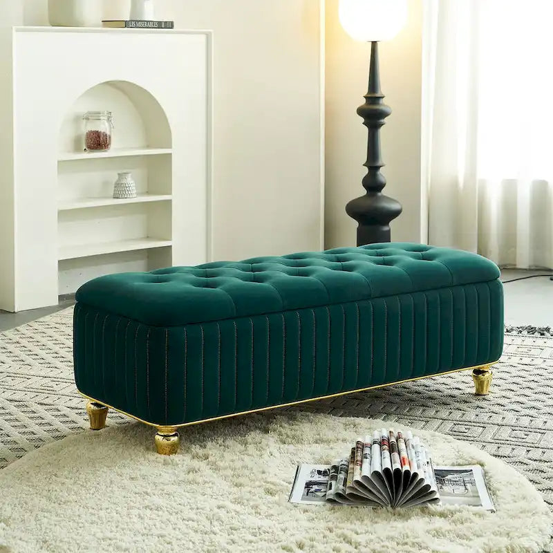Rectangle Storage Ottoman Bench – Green / Black / Beige, Tufted Velvet, Modern Style, Seats 1–2