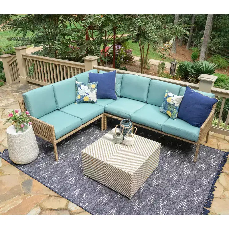 Leisure Made Riviera 5pc Wicker Sectional in Spa Blue Fabric