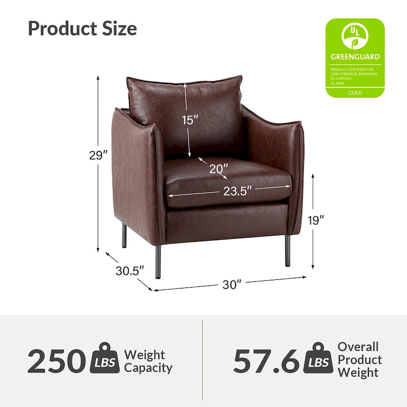 Modern Accent Chair – Black / Brown / Grey / Camel / Navy / Beige, Vegan Leather, Metal Legs, Seats 1