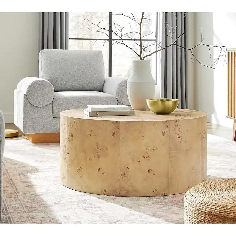 Round Burl Wood Coffee Table – Natural / Off White, Mid-Century Style