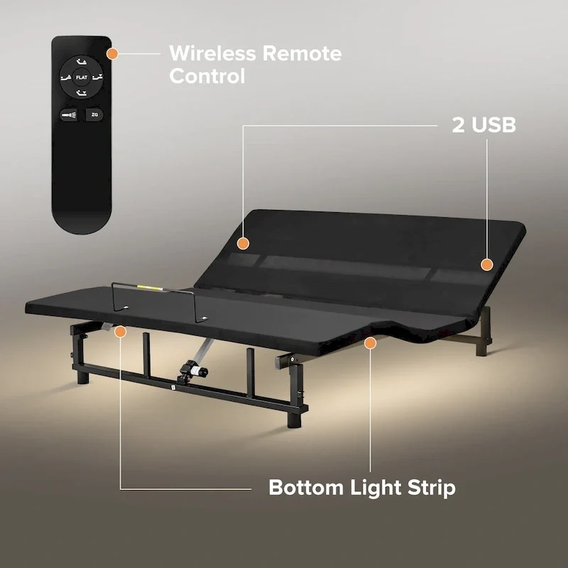 Queen Size Foldable Bed Premium Adjustable Bed Frame with Wireless Remote, USB Charging & Underbed Lighting