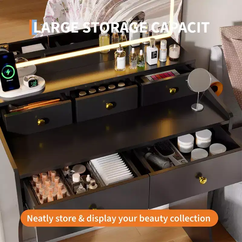 GustoWave Makeup Vanity Desk with Mirror & Chair, 5 Drawers, Hair Dryer Holder, Cushioned Stool for Bedroom
