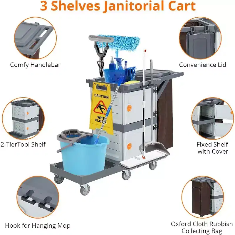 Commercial Janitorial Cart, 3-Shelf Housekeeping Cleaning Cart with 2 Cabinets, Cover & Oxford Bag, Traditional Janitorial Cart for Hotel