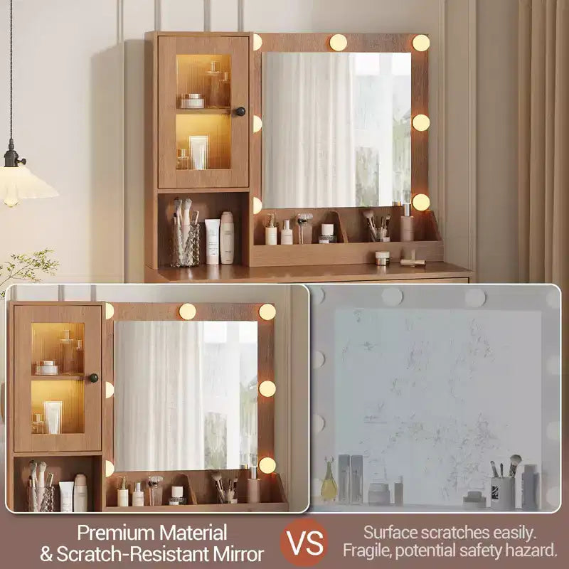 Vanity Desk with Mirror, 3 Lighting Modes Lights, Built-in Outlets & USB Ports, Spacious Drawers & Storage Cabinet, Makeup Dressing Table for Bedroom