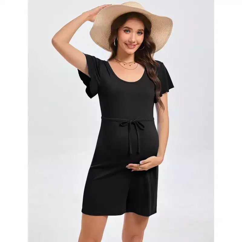 Coolmee Women's Maternity Romper Solid Crew Neck Flutter Short Sleeve Rompers Drawstring Waist Bodysuit Short Pants Maternity Clothes XL Black