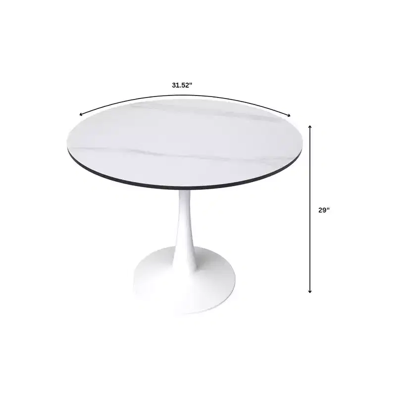 LeisureMod Bristol 31 Round Dining Table  Sintered Stone Top Accent Caf Table & Sturdy Steel White Pedestal Base for Kitchen and Small Spaces