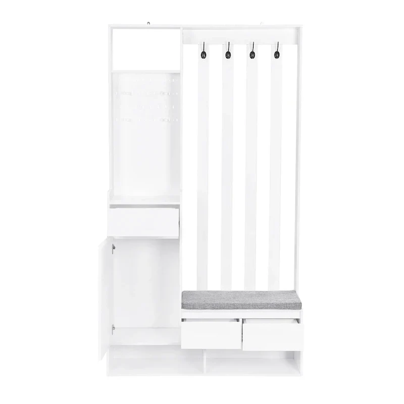 39.3Wx70.8H Hall Tree Storage with Cushioned Storage Bench,Multifunctional Hallway Shoe Cabinet,Pegboard,Coat Rack,4 Hooks