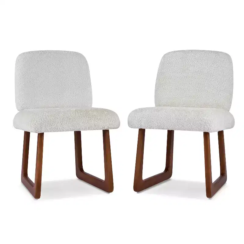 Set of 2 Boucle Upholstered Dining Chairs with Curved Wooden Legs, Beige - ModernLuxe