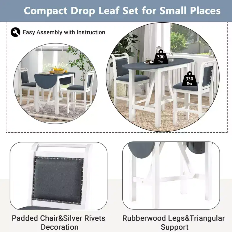 Whisen 3-Piece Wood Counter Height Drop Leaf Dining Table Set with 2 Upholstered Dining Chairs