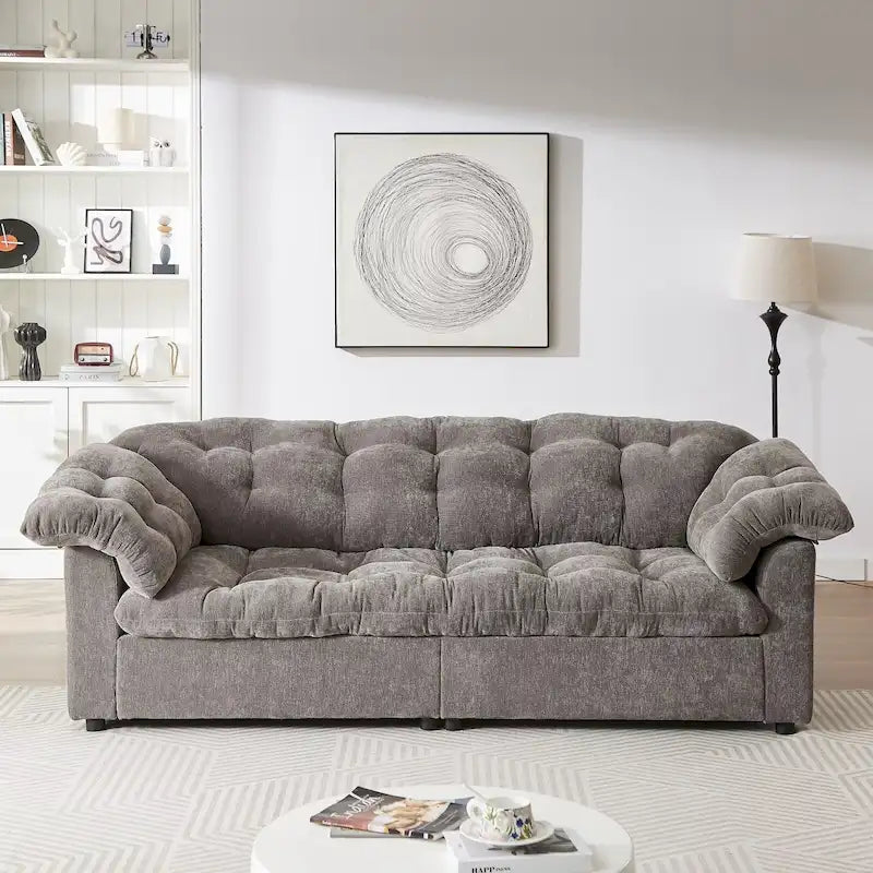 99-Inch Deep Seat Sofa – Yellow / Beige / Grey / Green, Chenille, Solid Wood Frame, Seats 3