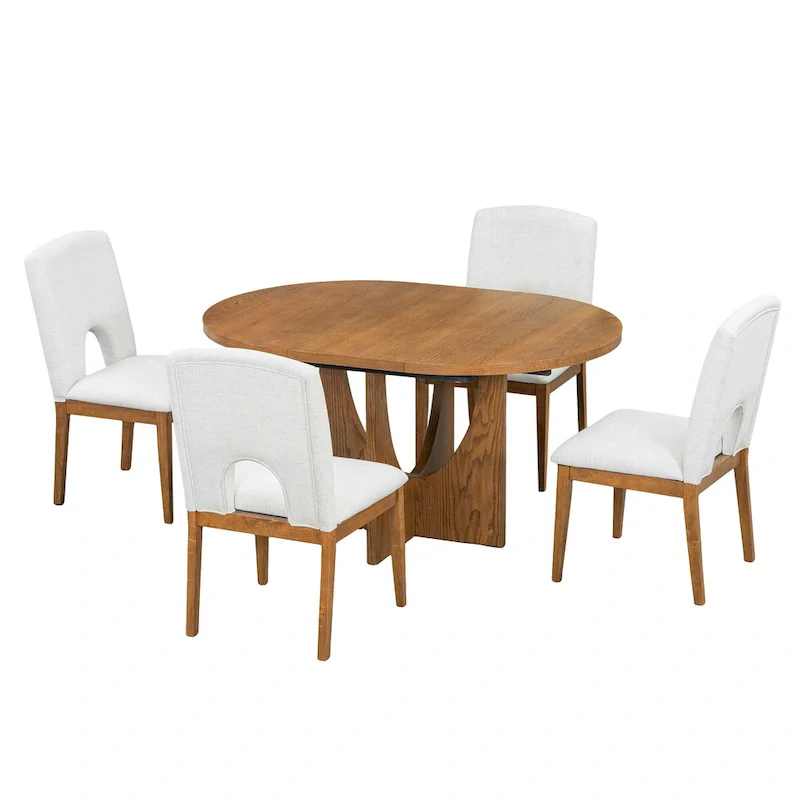 Modern Style Extendable Round Dining Table with Removable Leaf and Upholstered Dining Chairs