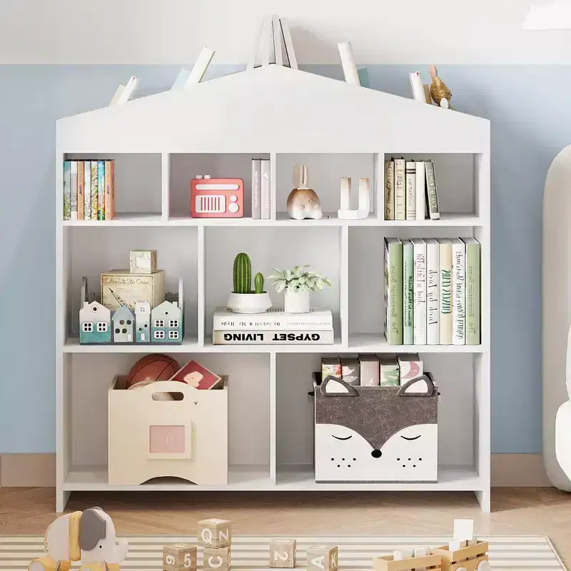 Kids Storage Organizer Bookshelf, 9-Cubby Kids Bookshelf, White Children's Shelf, House Shape Storage Cabinet for Playroom, Kids Room, School