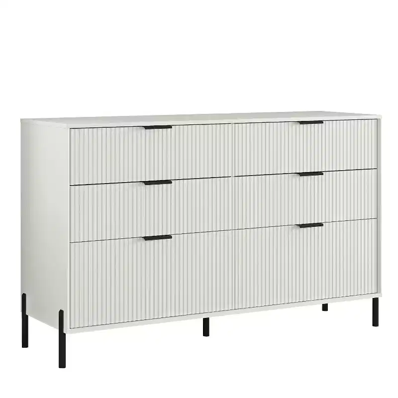6 Drawer Dresser with Gold Legs Modern Ribbed Design for Bedroom