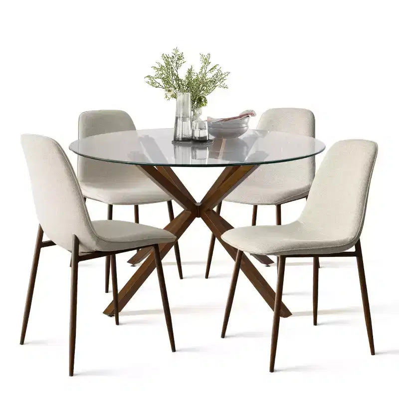 Olive+Oslo 5-Piece Dining Table Set for 4, Round Glass Dining Table with 4 Upholstered Dining Chairs Walnut Legs-Panipeachy