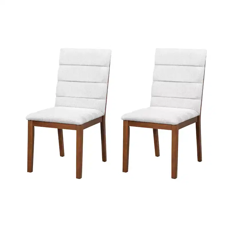 Set of 2 Upholstered Dining Chairs with Solid Wood Frame, Walnut & Light Gray