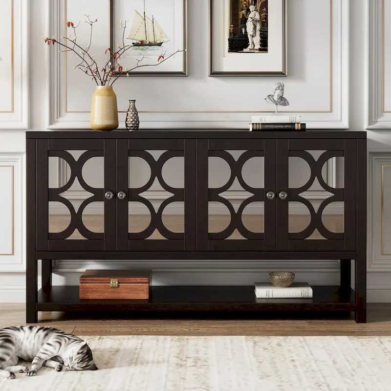 Elegant Retro Console Table,Storage Cabinet,Sideboard with Mirrored Doors, Spacious Shelves, and Durable Acacia Wood Legs