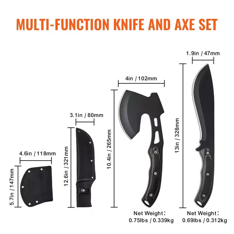 VEVOR Hunting Knife and Hatchet Axe Combo Set with Sheath, Fixed Blade Tactical Knife and Camping Axe, Stainless Steel Knife and Camping Hatchet,Black