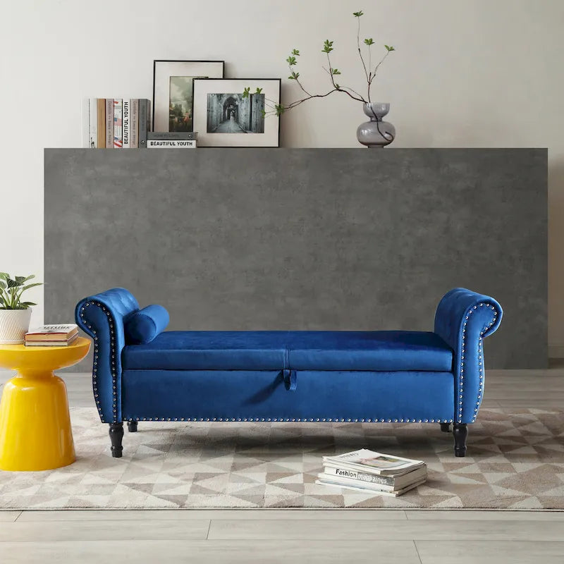 Upholstered Storage Ottoman Bench – Brown / Beige / Blue / Black / Grey / Pink, Velvet, Rolled Arms, Seats 2