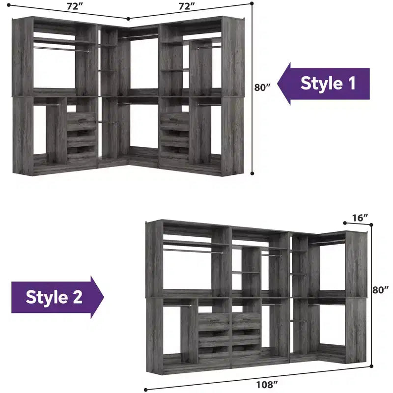 Besiost Set of 3 Corner Closet System with Tower Shelves and Drawers, Freestanding Closet Organizer with Hanging Rods