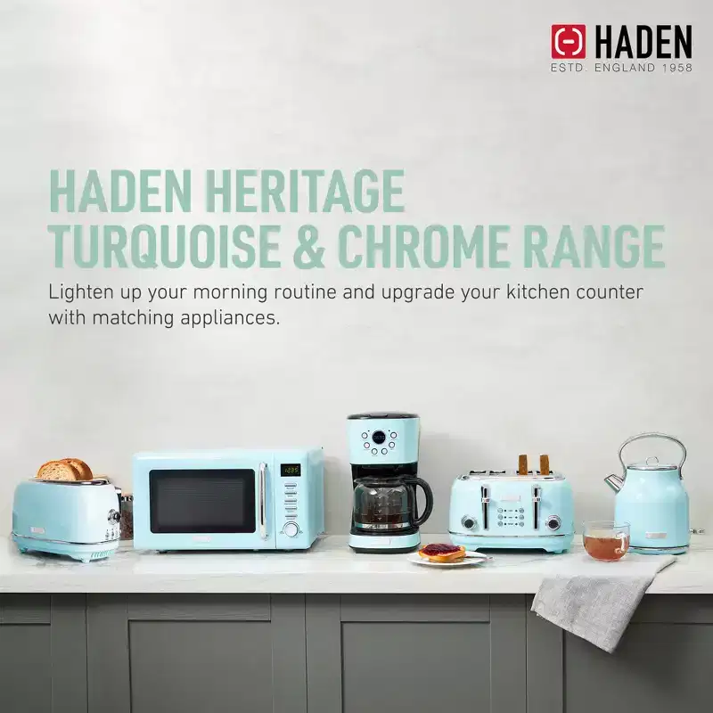 Haden 12 Cup Programmable Drip Coffee Maker Coffee Machine Bundled with Heritage 4 Slice Wide Slot Stainless Steel Toaster, Turquoise & Chrome