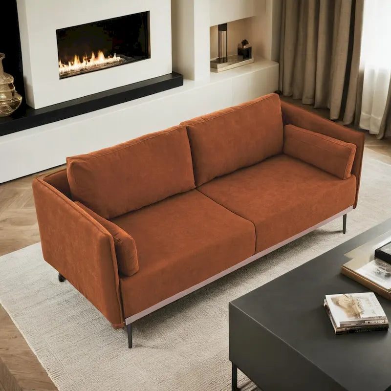 3-Seat Linen Sofa – Grey / Beige / Orange, Modern Minimalist, Metal Legs & Steel Trim, Seats 3
