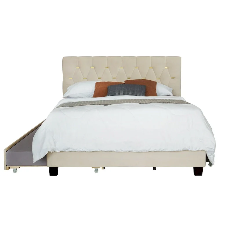 Queen Size Platform Bed with Gold Tufted Headboard, Trundle & Storage (600lb Capacity)