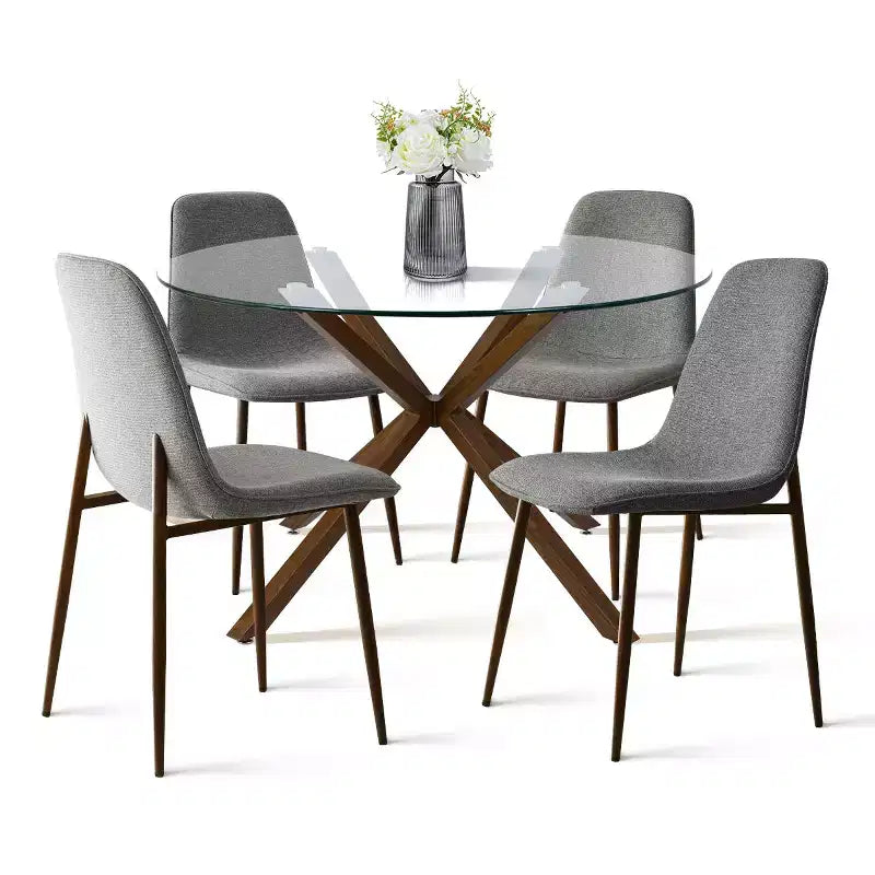 Olive+Oslo 5-Piece Dining Table Set for 4, Round Glass Dining Table with 4 Upholstered Dining Chairs Walnut Legs-Panipeachy
