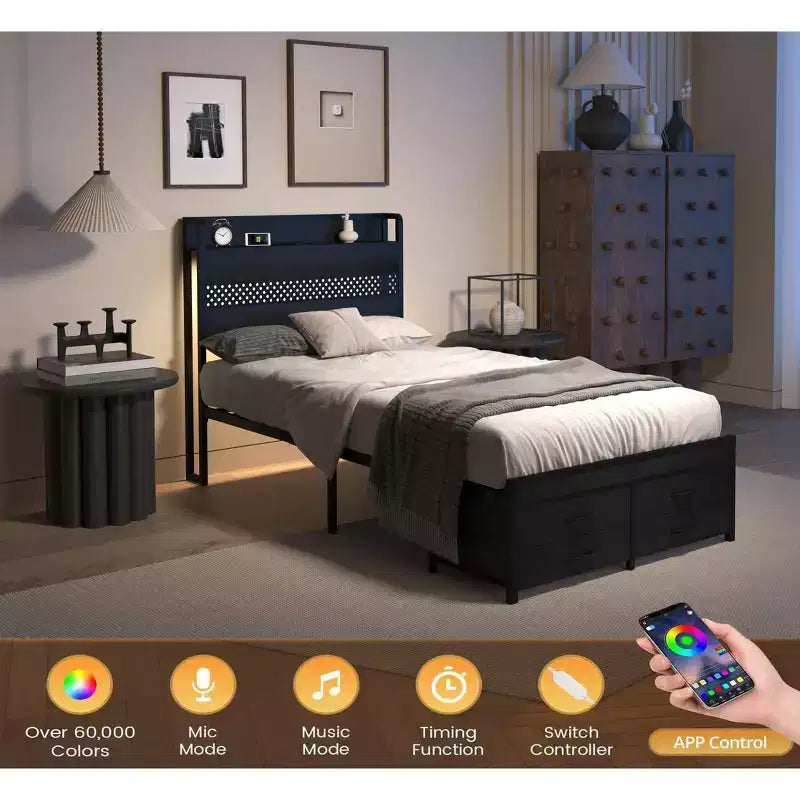 Twin Bed Frames with Headboard, Twin Size Bed Frames with Storage Drawers, Twin Bed, Metal Platform Bed Frame