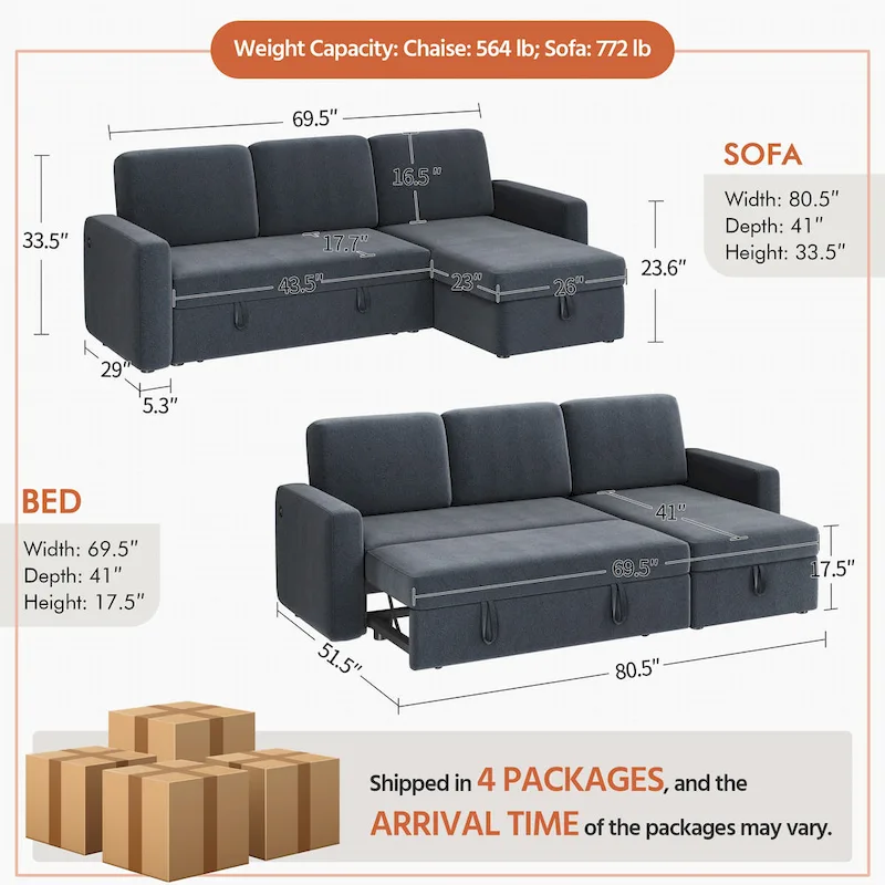 L-Shaped Reversible Sectional Sofa with Pull Out Bed & Storage - 83x 57.5x33