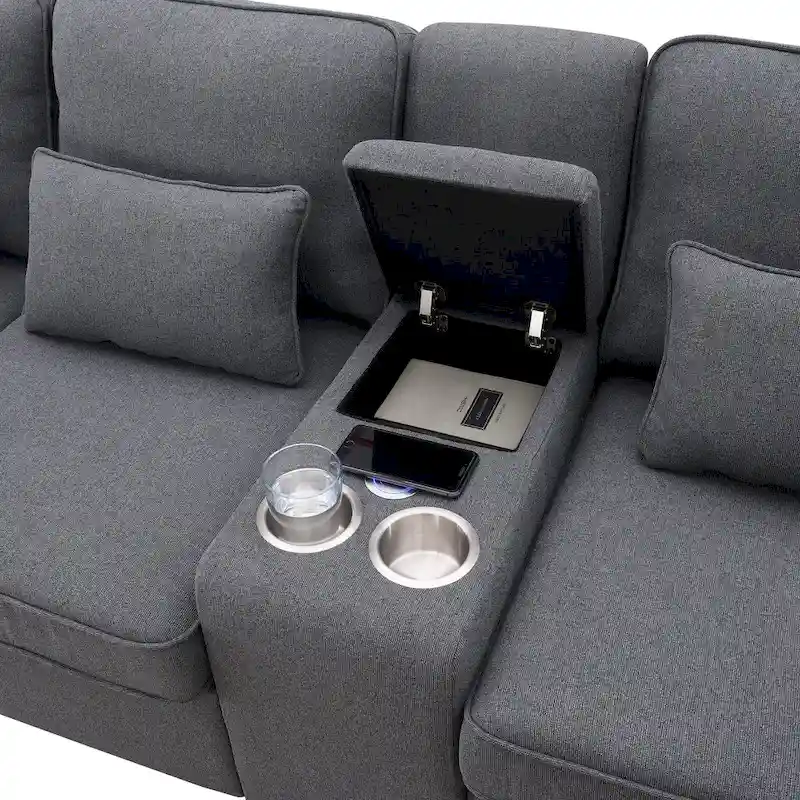 114.2 Upholstered Sofa with Console, Cup Holders and USB Charging
