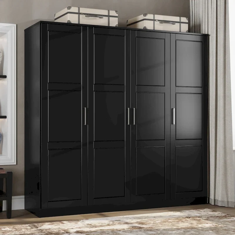 100% Solid Wood  4-Door Wardrobe with Solid Wood or Mirrored Doors