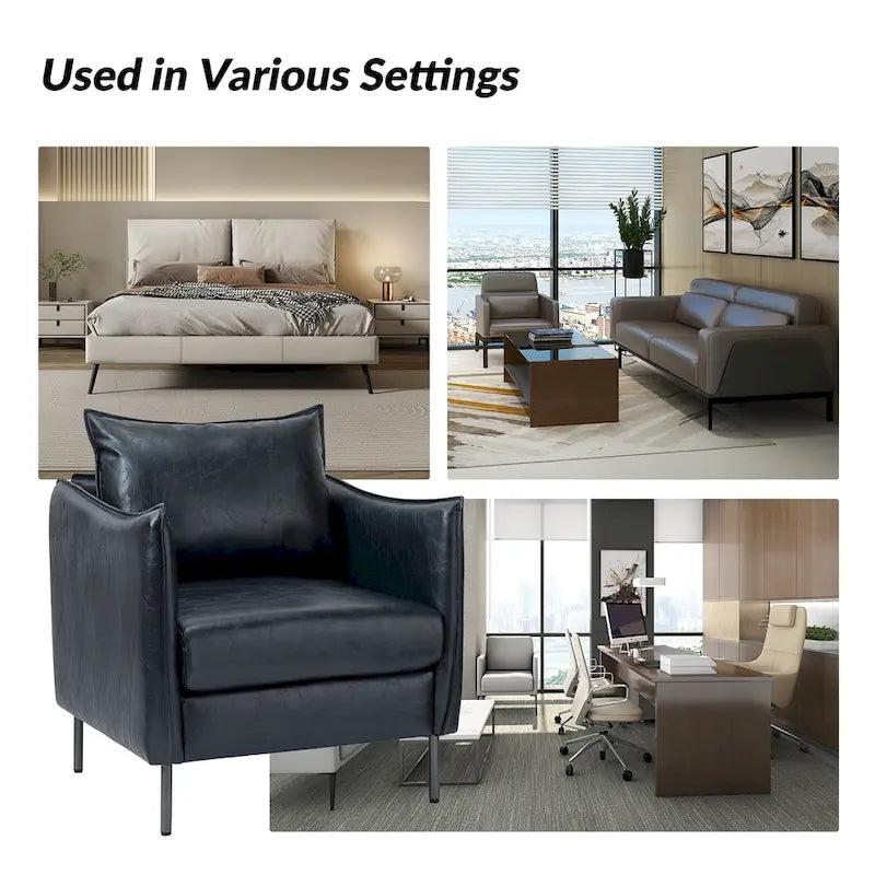 Modern Accent Chair – Black / Brown / Grey / Camel / Navy / Beige, Vegan Leather, Metal Legs, Seats 1