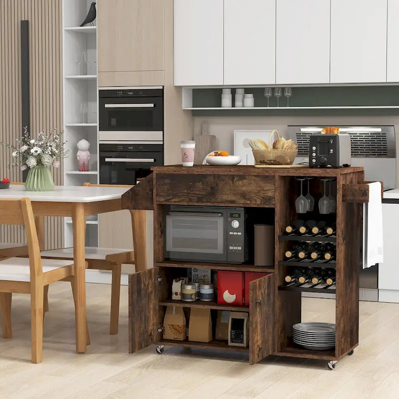 Kitchen Island Cart – White / Brown / Black, Drop-Leaf, Power Outlet, Wine Rack, Microwave Shelf, Casters