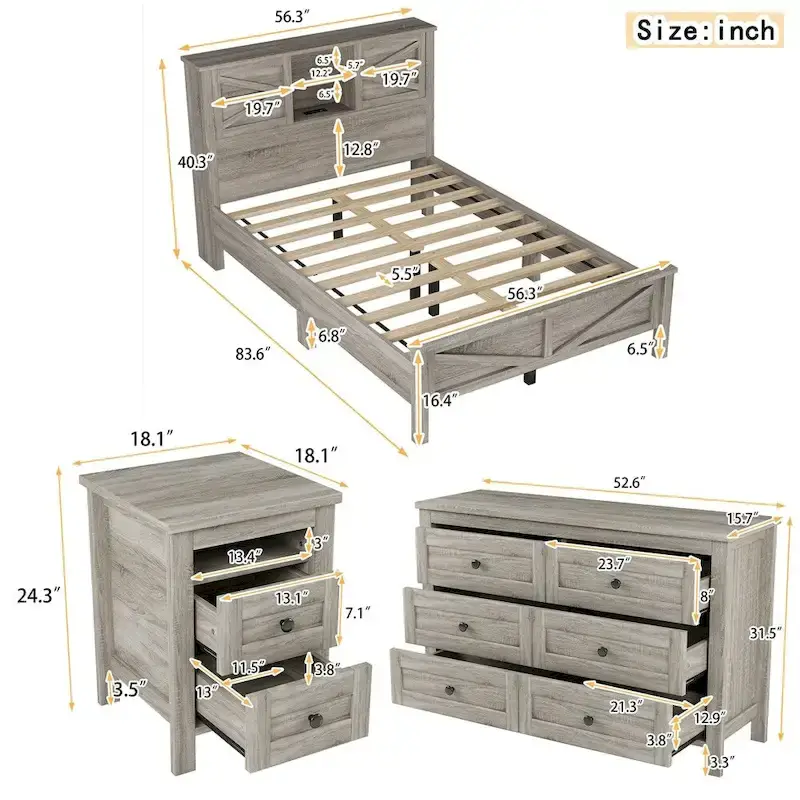 Bedroom Sets Full Size Platform Bed with Charging Station,Nightstand,Dresser(Set of 3)