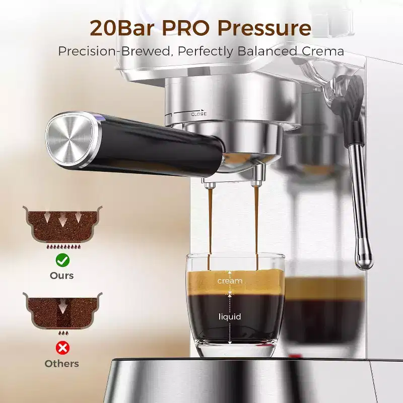 20 Bar Compact Espresso Machine with Milk Frother, Stainless Steel Coffee Maker, 40 oz Removable Water Tank for Cappuccino & Latte