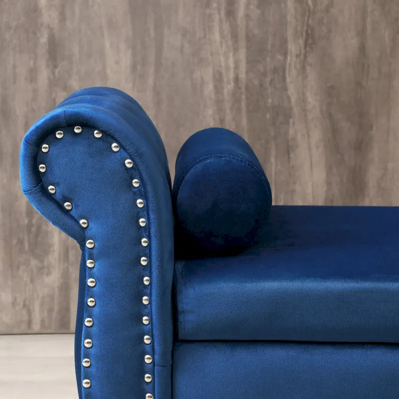 Upholstered Storage Ottoman Bench – Brown / Beige / Blue / Black / Grey / Pink, Velvet, Rolled Arms, Seats 2