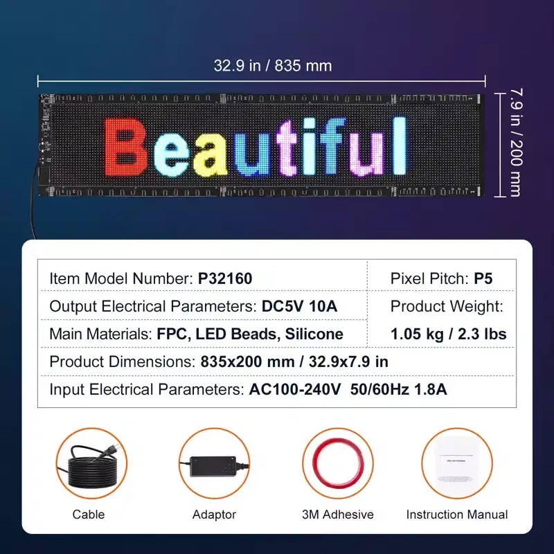 VEVOR Programmable LED Sign, P5 Full Color LED Scrolling Panel, DIY Custom Text Animation Pattern Display Board, Bluetooth APP Control, Black