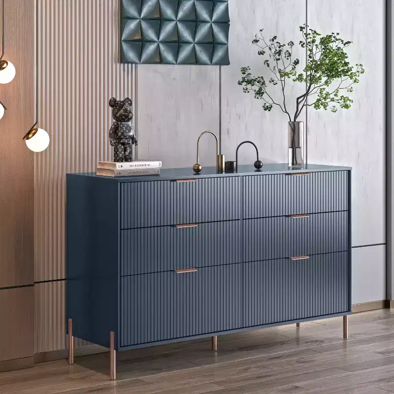 6 Drawer Dresser with Gold Legs Modern Ribbed Design for Bedroom