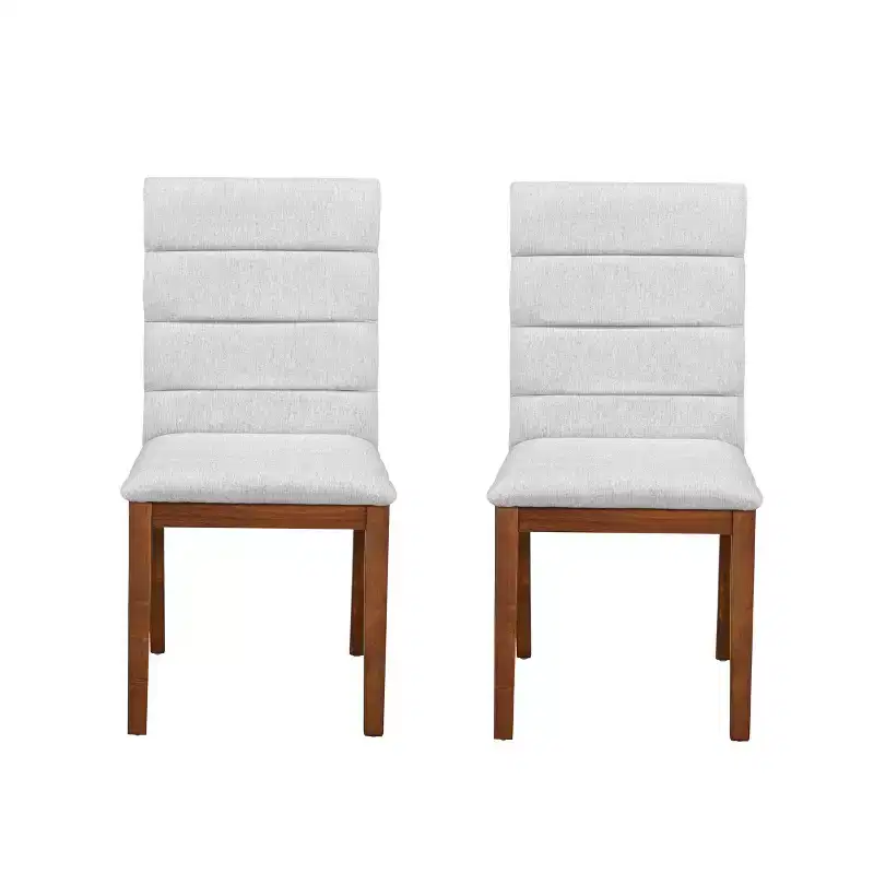 Set of 2 Upholstered Dining Chairs with Solid Wood Frame, Walnut & Light Gray