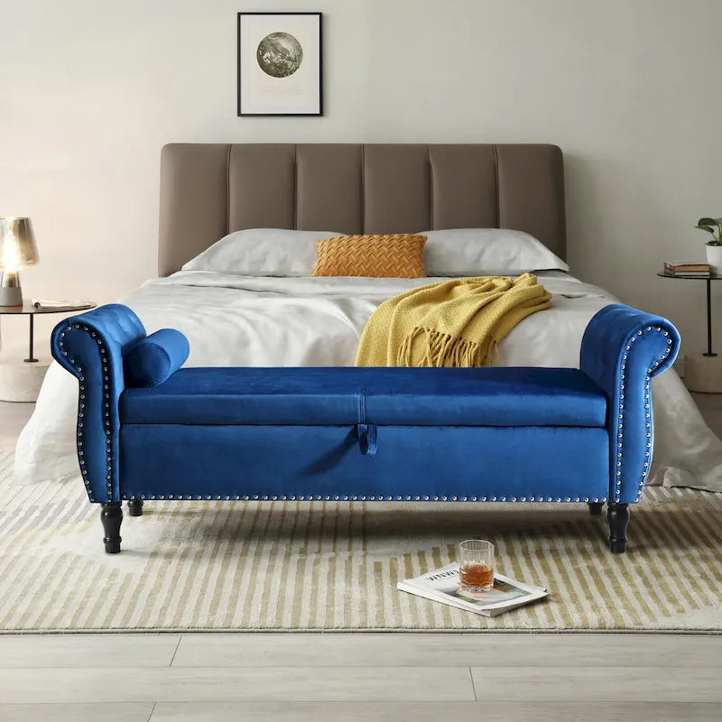 Upholstered Storage Ottoman Bench – Brown / Beige / Blue / Black / Grey / Pink, Velvet, Rolled Arms, Seats 2