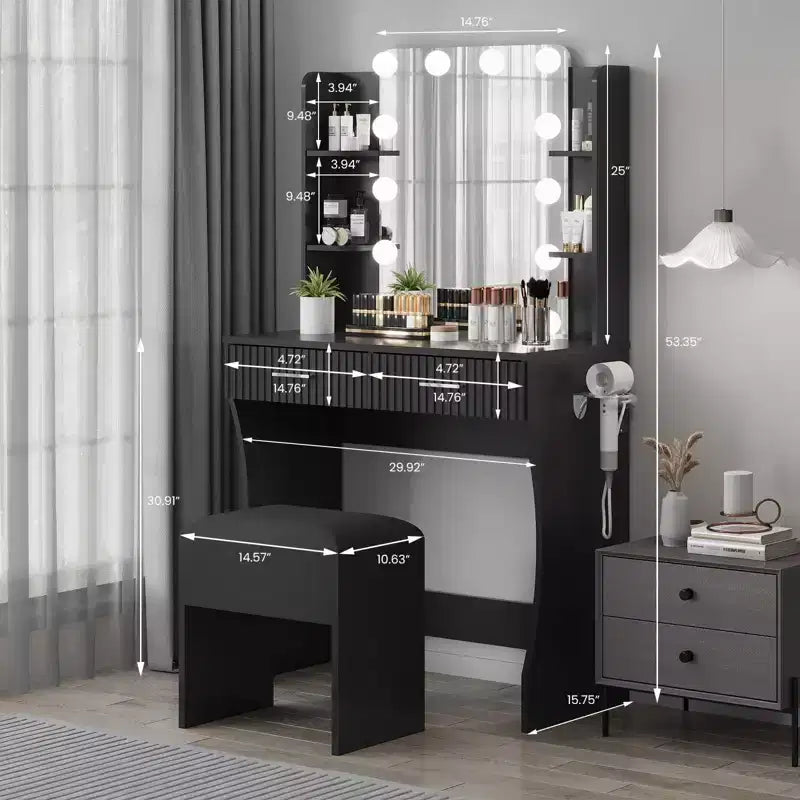Makeup Vanity Desk with Mirror and Lights, Vanity Table with 2 Drawers, 6 Shelves, Hair Dryer Holder & Stool,Dressing Table Furniture for Bedroom