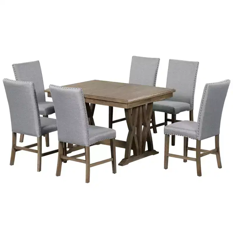 7 PCS Extendable Dining Set for 6, Dining Table Set with 6 Upholstered Dining Chairs, Mid-Century Style, Golden Brown+Gray-ModernLuxe