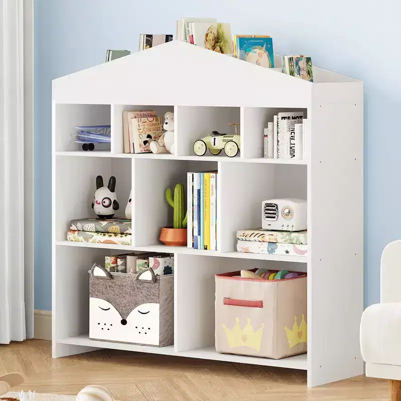 Kids Storage Organizer Bookshelf, 9-Cubby Kids Bookshelf, White Children's Shelf, House Shape Storage Cabinet for Playroom, Kids Room, School