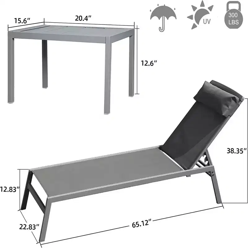 CLIHOME 3 Pieces Patio Aluminum Pool Lounge Chairs Set,Adjustable Backrest Textilene Sunbathing Recliner(with 2 Lounge Chairs&1 Table)